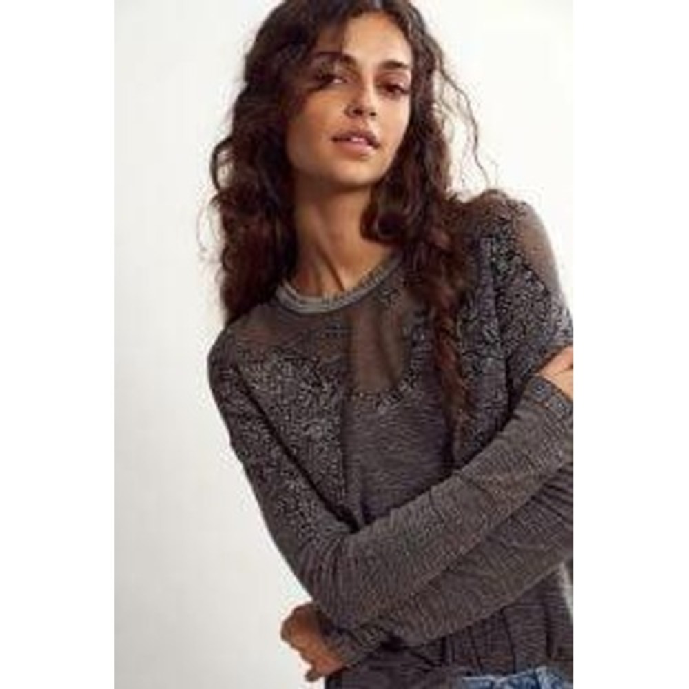 Free People Gray Acid Wash Floral Embroidered Mesh Long Sleeve Top Boho Fairy S